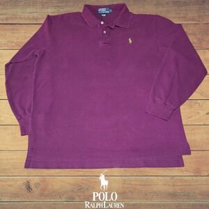 VTG 90s Polo Ralph Lauren LS Polo Shirt Cotton Purple w/ Lime Green Logo L FLAWS